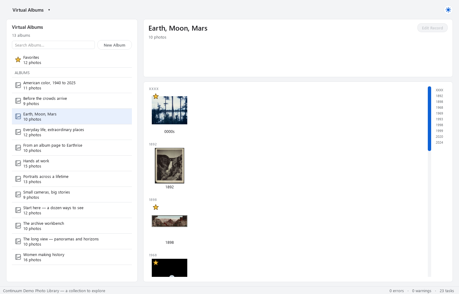 Continuum Virtual Albums view showing the Earth, Moon, Mars collection