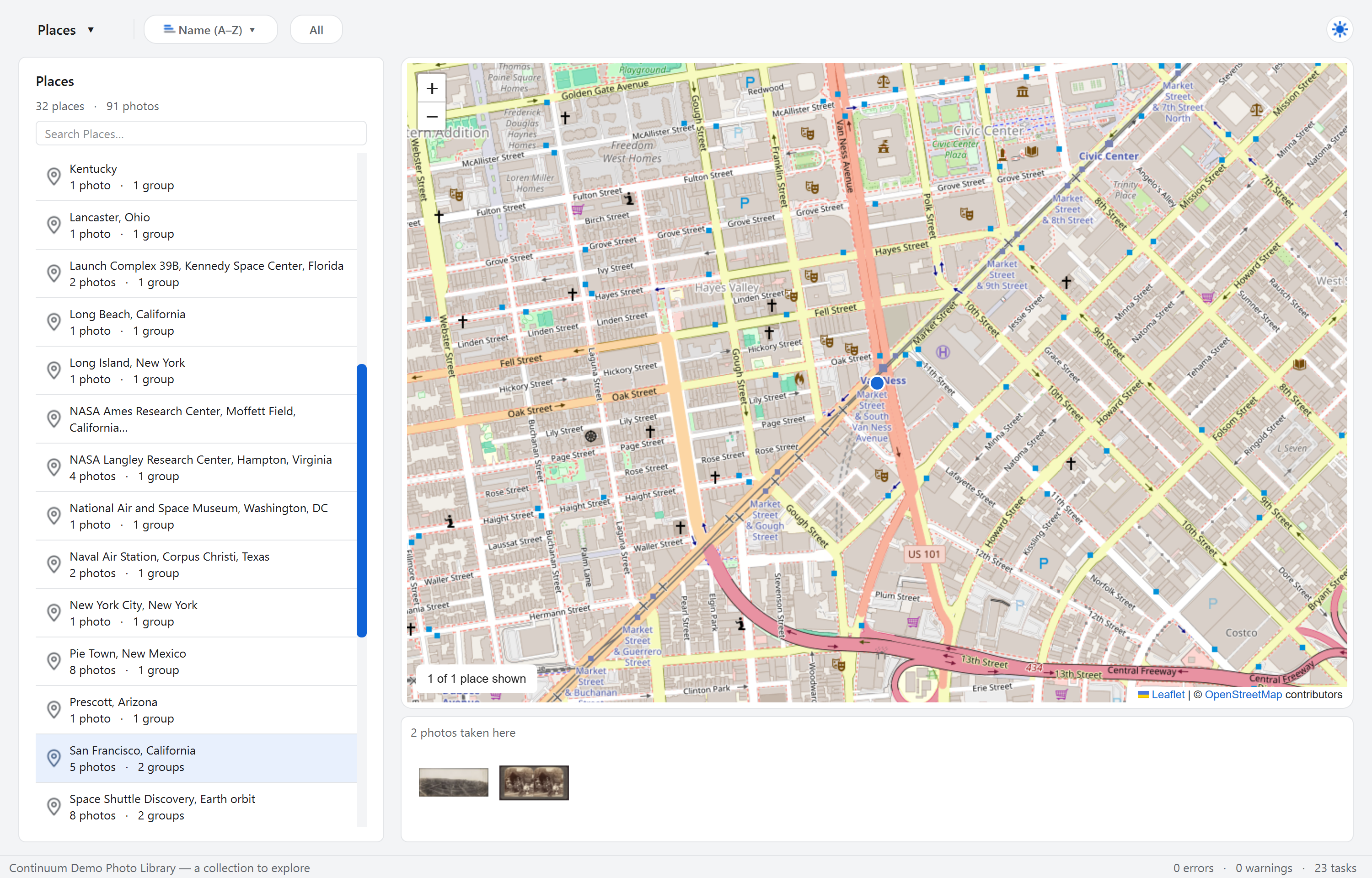 Continuum Places map showing San Francisco and related demo photographs