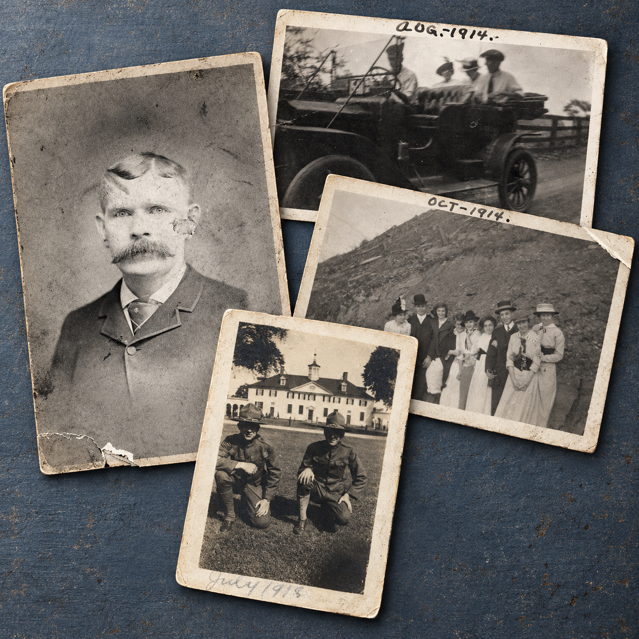 Family photographs from the 1800s and 1910s, arranged as aged black-and-white prints on a blue tabletop