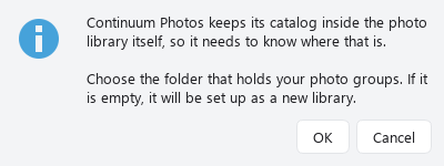 The first launch asks where the Photo Library should live.