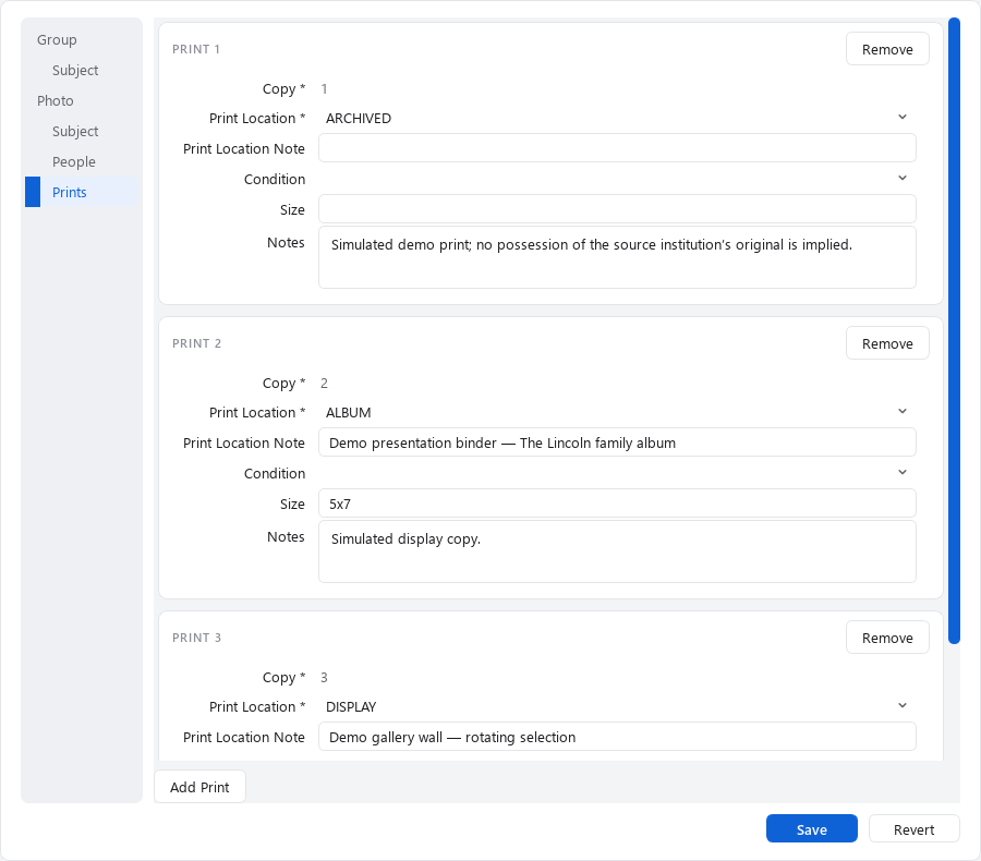 Separate print records track separate physical copies. Scroll to see all three.