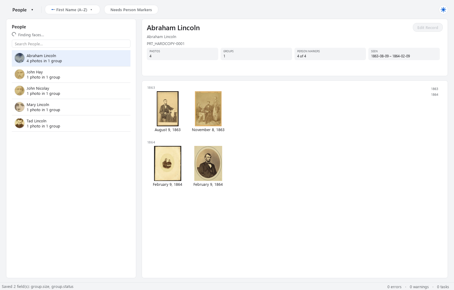 The person tags connect Lincoln’s four appearances.