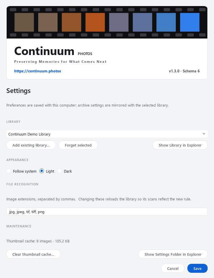 Settings identifies the active library and offers a shortcut to its folder.